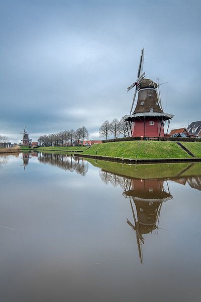 Le canal de la ville de Dokkum avec ses moulins reconnaissables et sa rangée d'arbres par Harrie Muis