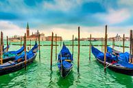 zicht op de wachtende gondels  in het helder groene water van  de Lagune in Venetië Italië van Rita Phessas thumbnail