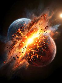 Hyperrealistische filmische Darstellung einer katastrophalen Kollision zwischen zwei terrestrischen Planeten von Akflamme Studio