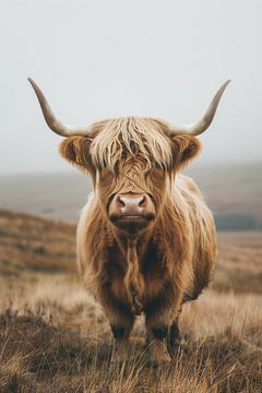 Schotse Hooglander in het Mistige Landschap van Eva Lee