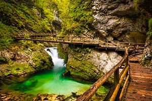 Vintgar Schlucht mit hölzernen Gehweg in Slowenien