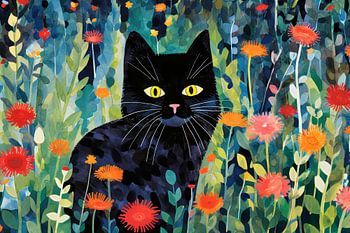 Schwarze Katze auf einer Blumenwiese