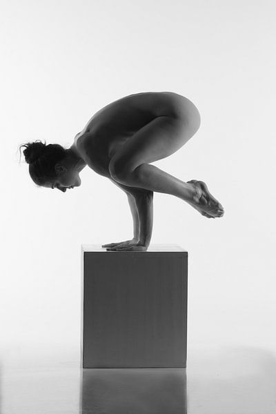 Artistieknaakt yoga pose op een box van Arjan Groot