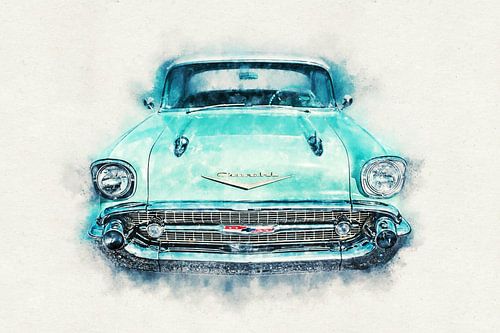 1957 Chevy Bel Air American Classic Oldtimer Car in Watercolor