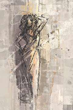 Abstract dame met galajurk - warm grijs en zacht geel van Emiel de Lange