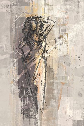 Abstract dame met galajurk - warm grijs en zacht geel