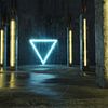 3d rendering van blauwe verlichte driehoeksvorm naast betonnen pil van Besa Art