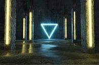 3d rendering van blauwe verlichte driehoeksvorm naast betonnen pil van Besa Art thumbnail