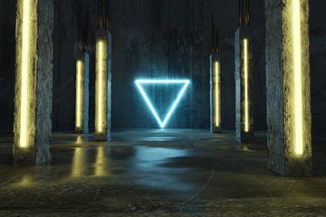 3d rendering van blauwe verlichte driehoeksvorm naast betonnen pil van Besa Art
