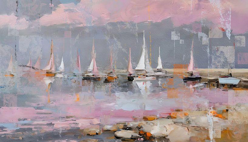 Harbour with sailboats in pink orange and blue by Emiel de Lange