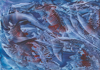 Abstract encaustic painting with structures in blue and red