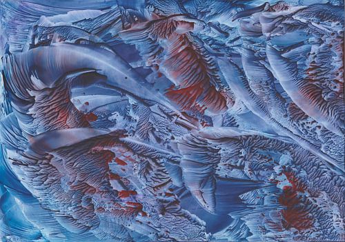 Peinture abstraite encaustique avec structures en bleu et rouge