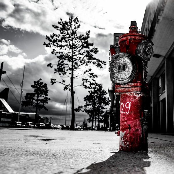 Roter Hydrant vor weißem, schwarzem Hintergrund von Jan Hermsen