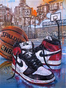 Nike air Jordan 1 Retro High 'black toe' schilderij van Jos Hoppenbrouwers