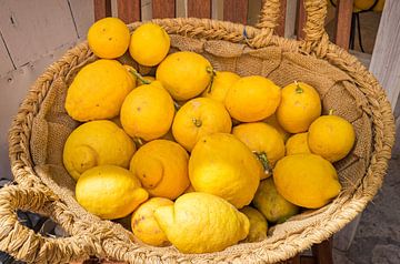 Organic lemon fruits in a basket on a market, close-up by Alex Winter