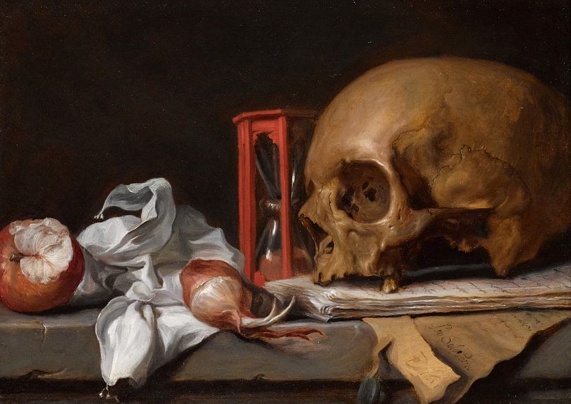 A Vanitas Still Life with a Skull Resting on Letters, Monogrammist F. D. by Masterful Masters