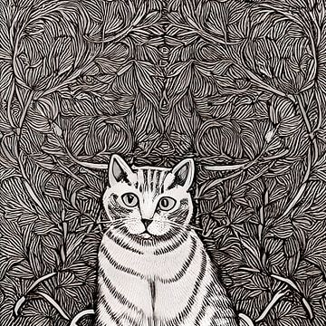 Zwart witte illustratie van een kat - figuratieve art print voor aan de muur van Lily van Riemsdijk - Art Prints with Color