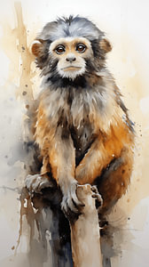Porträt eines Pavian-Affen-Aquarell Kunst -Vertikal