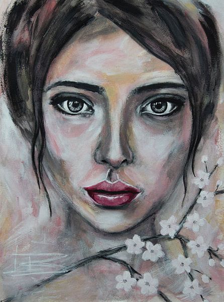 Porträt Frau abstrakt mit Kirschblüte von Bianca ter Riet