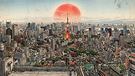Die Skyline von Tokio bei Sonnenuntergang mit Wolkenkratzer, Zügen und urbanen Träumen von my pixel art