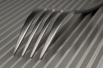 Abstract artistic photo of cutlery, being a fork on a parallel grid structure. by Tonko Oosterink