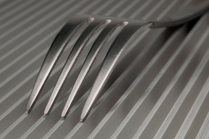 Abstraktes künstlerisches Foto von Besteck, das eine Gabel auf einer parallelen Gitterstruktur ist. von Tonko Oosterink