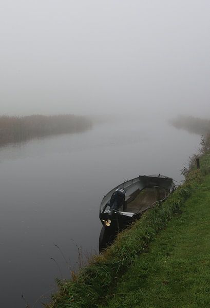 Motorbootje in de mist in een rivier van Pim van der Horst