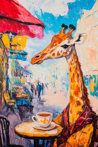 Giraffe met koffie in een café
