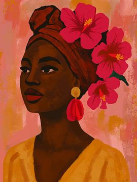 Ochre & Bloom - Elegant Portret met Roze Hibiscus en Tulband