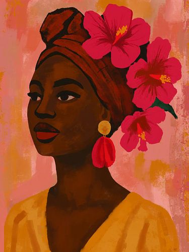 Ocker & Bloom - Elegantes Porträt mit rosa Hibiskus und Turban von Patricia Leona Art