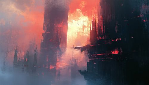 Abstracte sombere stad bij zonsondergang panorama