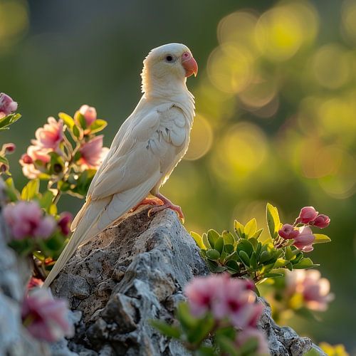 Albino Parrot Perched on a Rock Amongst Flowers