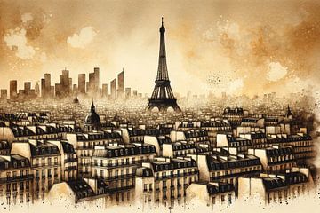 Parijs monochroom: Eiffeltoren in sepiakleurige glans van artefacti