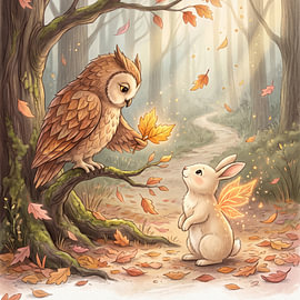 Chouette et lapin dans la forêt en automne sur Markus Gann