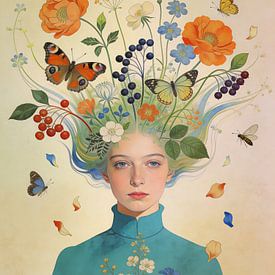 Surrealistisches Porträt mit Blumen und Schmetterlingen von But First Framing