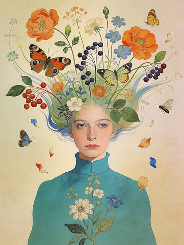 Portrait surréaliste avec des fleurs et des papillons sur But First Framing