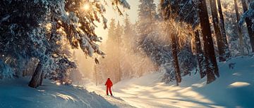 Winterlandschap met skiërs in de mist van Poster Art Shop