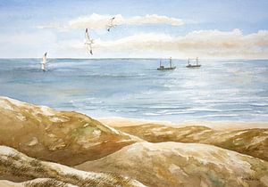 Twee visserboten op de Noordzee - Aquarel - Hans Sturris