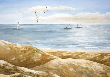 Two fishing boats on the North Sea - Watercolor - Hans Sturris by Galerie Ringoot