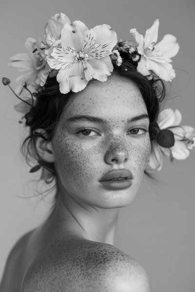 Wreath of flowers and freckles in black and white by Poster Art Shop