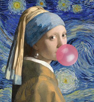 Meisje met de bubble op Sterrennacht van Bianca ter Riet