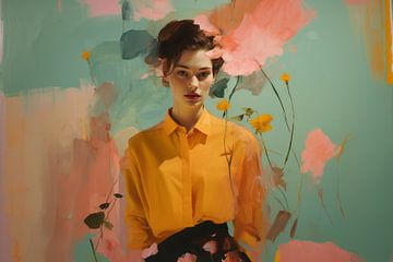 Kleurrijk, deels abstract portret van Carla Van Iersel