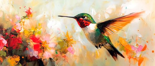 Un colibri irisé devant des couleurs florissantes