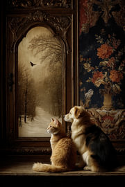 Winter Watch – Dreamy Painting of a Dog and a Cat by Peter Pen Drawings and Paintings