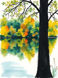 Grand Autumn Lakeside Serenity: A Vibrant Watercolour Masterpiece of Reflecting Trees and Tranquil Waters by Artistic