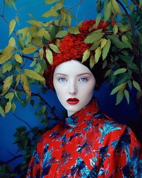 Portrait moderne en rouge et bleu sur Carla Van Iersel