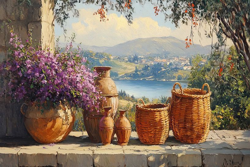 Blumen und Töpfe | Blick über den See mit Töpfen von Kunst Laune