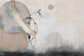 Japandi Art.  Lijnenspel op linnenstructuur Wabi-Sabi stijl. van Studio Pieternel