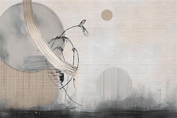 Japandi - WabiSabi Mixed Media Art: Lijnenspel op linnenstructuur van Studio Pieternel