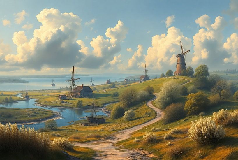 Niederländische Küstenlandschaft mit Windmühlen und Segelschiffen von Kleurenrijk